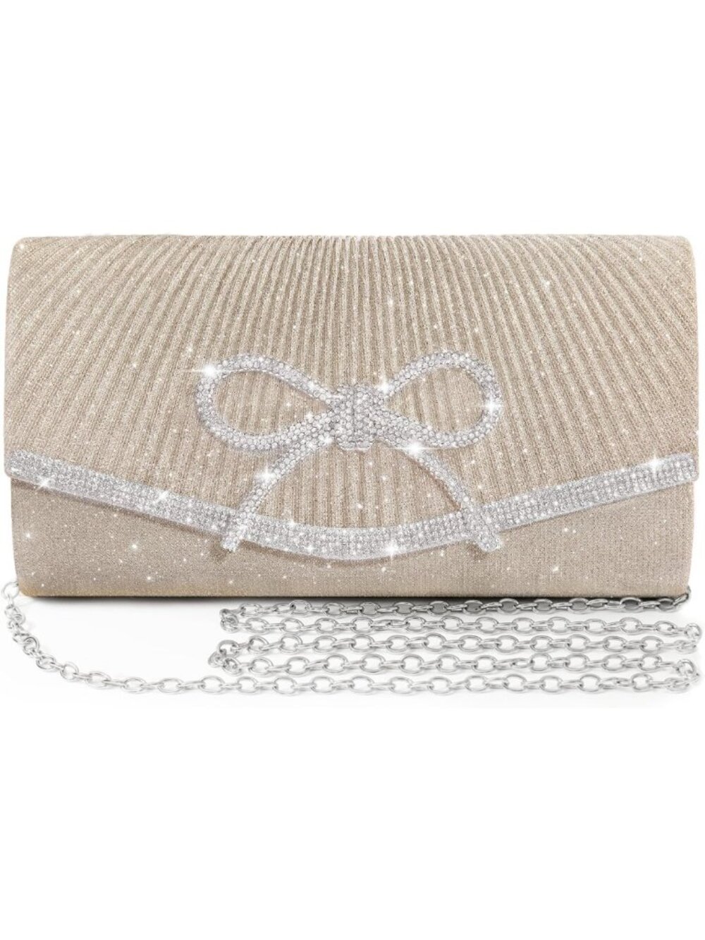 Champagne Sparkly Bow Rhinestone Evening Clutch Crossbody Bag